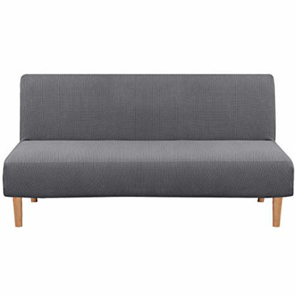 Picture of Armless Futon Cover Stretch Sofa Bed Slipcover Protector Elastic Feature Rich Textured High Spandex Small Checks Jacquard Fabric Sofa Shield Futon Cover, Machine Washable, Gray