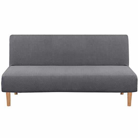 Picture of Armless Futon Cover Stretch Sofa Bed Slipcover Protector Elastic Feature Rich Textured High Spandex Small Checks Jacquard Fabric Sofa Shield Futon Cover, Machine Washable, Gray