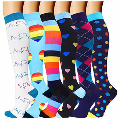 Picture of 6 Pairs Compression Socks for Men and Women 20-30 mmHg Nursing Athletic Travel Flight Socks Shin Splints Knee High(Small/Medium)