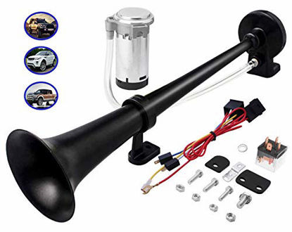 Picture of Carfka Air Train Horn Kit for Truck Car with Air Compressor, Super Loud 150DB 12V Electric Trains Horns for Vehicles, Single Trumpet Air Horn Complete Kits for Easy to Install (Black)