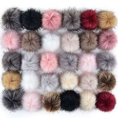 Picture of Coopay 30 Pieces Faux Fox Fur Pom Pom Balls DIY Fur Fluffy Pom Pom with Elastic Loop for Hats Keychains Scarves Gloves Bags Charms Knitting Accessories (Popular Mix Colors)