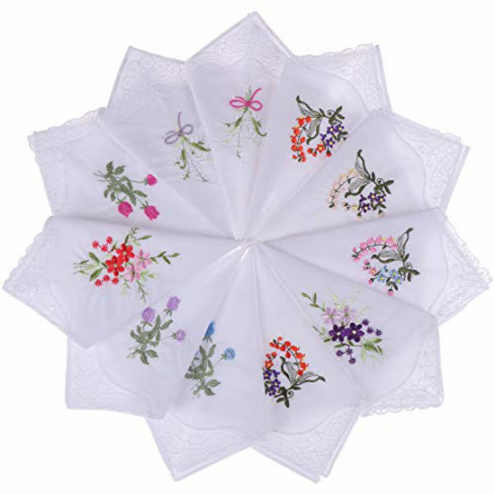 Picture of 20pcs Women Floral Handkerchiefs Vintage Floral Embroidered Cotton Ladies Handkerchiefs, White