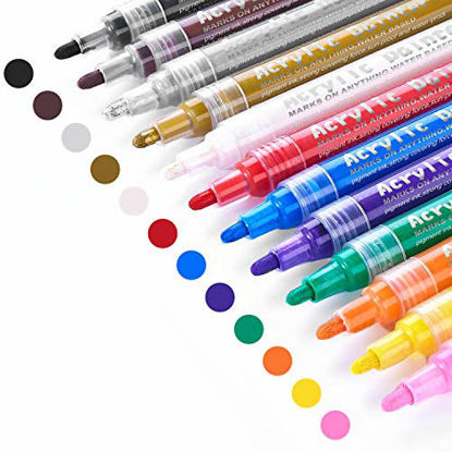 Picture of Acrylic Paint Marker Pens, Emooqi 12 Colors Premium Waterproof Permanent Paint Art Marker Pen Set for Rock Painting, DIY Craft Projects, Ceramic, Glass, Canvas, Mug, Metal, Wood, Easter Egg