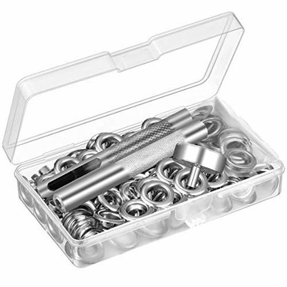 Picture of UUBAAR 100 Sets Grommet Kit, Thickened Grommets Eyelets 1/4 Inch, Silver Metal Eyelet, Grommet Tool Kit for Leather, Fabric, Tarp, Shoes, Clothing, with 3PCS Installation Tools