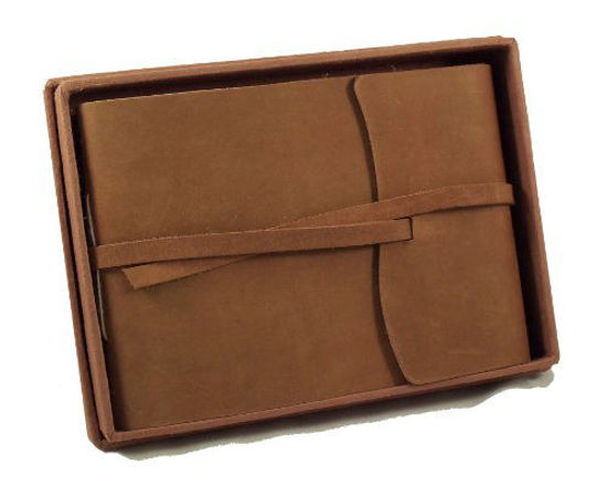 Rustic Genuine Leather Photo Album with Gift Box - Scrapbook Style Pages -  Holds 60 4x6 or 5x7 Photos Brown