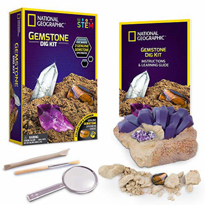 Picture of NATIONAL GEOGRAPHIC Gemstone Dig Kit - Excavate 3 real gems including Amethyst, Tigers Eye & Rose Quartz - Great STEM Science gift for Mineralogy and Geology enthusiasts of any age