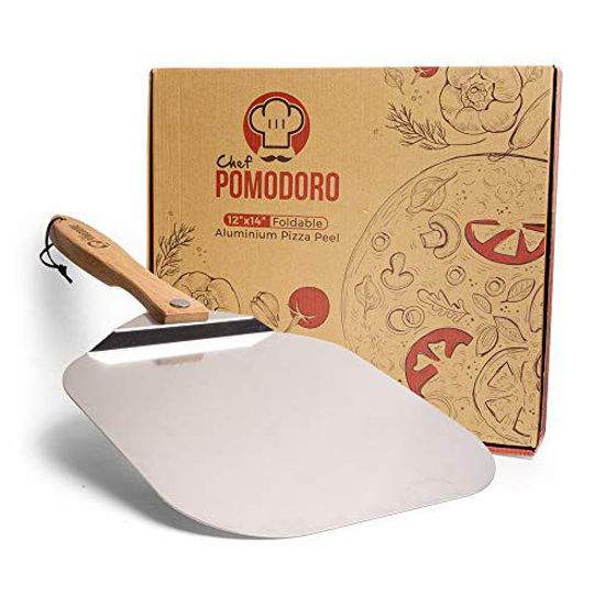 Picture of Chef Pomodoro Aluminum Metal Pizza Peel with Foldable Wood Handle for Easy Storage 12-Inch x 14-Inch, Gourmet Luxury Pizza Paddle for Baking Homemade Pizza Bread