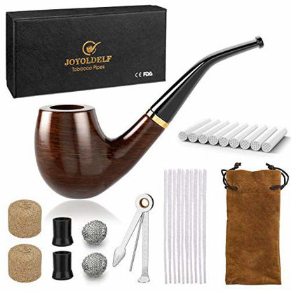 Picture of Joyoldelf Wooden Tobacco Smoking Pipe, Pear Wood Pipe with Pipe Cleaners, 9 mm Pipe Filters, 3-in-1 Pipe Scraper, Pipe Bits, Metal Balls, Cork Knockers, Bonus a Pipe Pouch with Gift Box