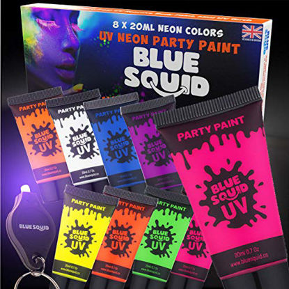 Picture of UV Face & Body Paint Set - by Blue Squid, 8 Liquid UV Body Paints (8 x Large 0.68 fl oz) +FREEBONUS Mini Ultraviolet Torch - Glow in The Dark Neon Face & Body Paint - Black Light Reactive Neon Paints