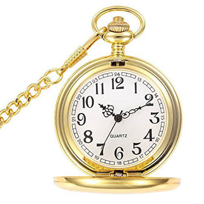 Picture of WIOR Classic Smooth Vintage Pocket Watch Silver Steel Mens Watch with 14 in Chain for Graduation Xmas Fathers Day (Gold)