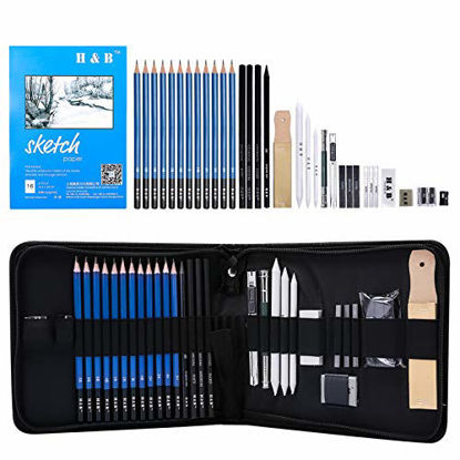 Picture of H & B Sketching Pencils Set, 33-Piece Drawing Pencils and Sketch Kit, Complete Artist Kit Includes Sketch Pad, Graphite Pencils, Charcoal Sticks and Eraser, Professional Sketch Pencils Set for Drawing