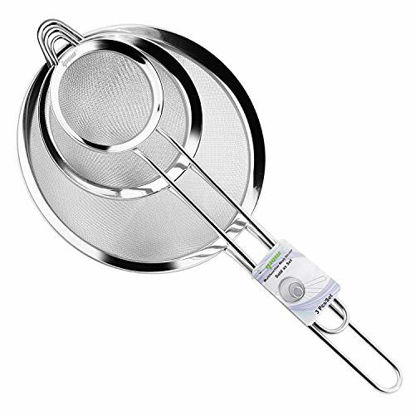 Picture of IPOW Set of 3 Stainless Steel Fine Mesh Strainer, Colander Sieve Sifters with Long Handle for Kitchen Food, Small Medium Large Size for Tea Coffee Powder Fry Juice Rice Vegetable Fruit Etc