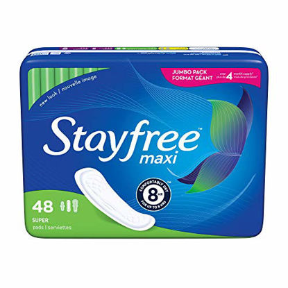 Picture of Stayfree Maxi Super Long Pads For Women, Wingless, Reliable Protection and Absorbency of Feminine Periods, 48 Count (Pack of 1)