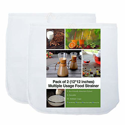 Picture of 2 Pack - 80 Micron Nut Milk Bag - 12X12 Inches - Multiple Usage Reusable Food Strainer, Cold Brew Coffee Bag, Food Grade Nylon Mesh, BPA-Free, Cheesecloth Bag, Yogurt Strainer, Juice Filter