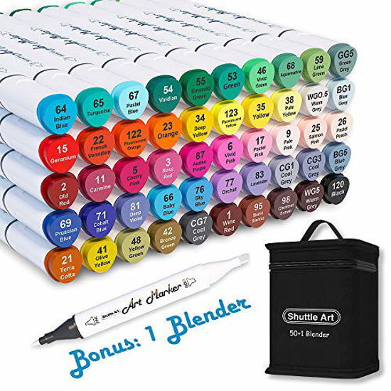 Picture of Shuttle Art 51 Colors Dual Tip Alcohol Based Art Markers, 50 Colors plus 1 Blender Permanent Marker Pens Highlighters with Case Perfect for Illustration Adult Coloring Sketching and Card Making