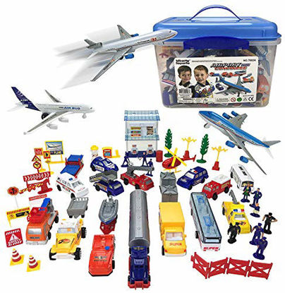Picture of Liberty Imports Deluxe 57-Piece Kids Commercial Airport Playset in Storage Bucket with Toy Airplanes, Play Vehicles, Police Figures, and Accessories