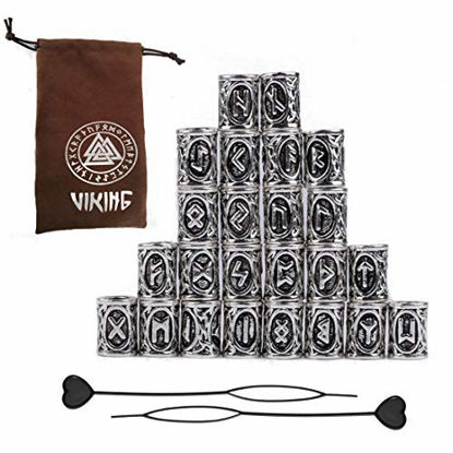 Picture of 24Pcs Norse Vikings Runes Hair Beard Beads for Bracelets Pendant Necklace DIY,Braiding Beads for Hair Braids Antique Silver Beard Ring Viking Beads Kits(Include 2Pcs Pull Hair Pin)