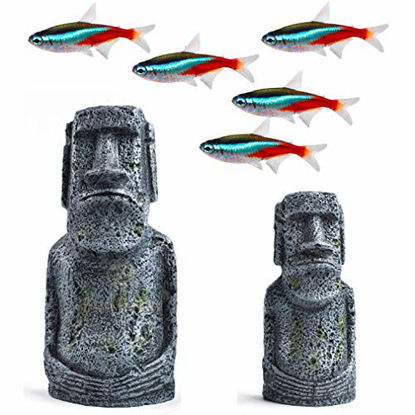 Picture of SunGrow Neon Tetra Fish Ornaments for Aquarium, Easter Island Statues, 7" and 5", Resin Replicas of World Famous Moai Figures, Freshwater, Saltwater Fish Tank Decor, Terrariums and Vivariums, 2 Pcs