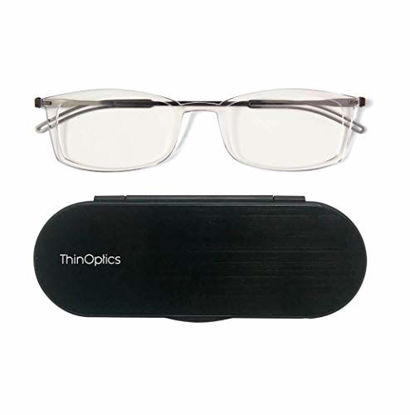 Picture of ThinOptics unisex adult Milano Aluminum Case + Frontpage Brooklyn Reading Glasses, Clear Frames Silver Case, 1.5 x US