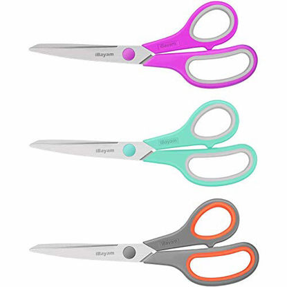 Picture of Scissors, iBayam 8" Multipurpose Scissors Bulk 3-Pack, Ultra Sharp Blade Shears, Comfort-Grip Handles, Sturdy Sharp Scissors for Office Home School Sewing Fabric Craft Supplies, Right/Left Handed
