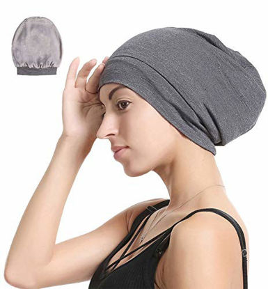 Picture of Slap Night Cap Sleep Hat Beanie - Dark Grey Women Organic Bamboo Satin Silk Lined Bonnet Summer Scarf Hair Cover for Lady Lightweight Light Thin Jersey Chemo, Gifts for Women