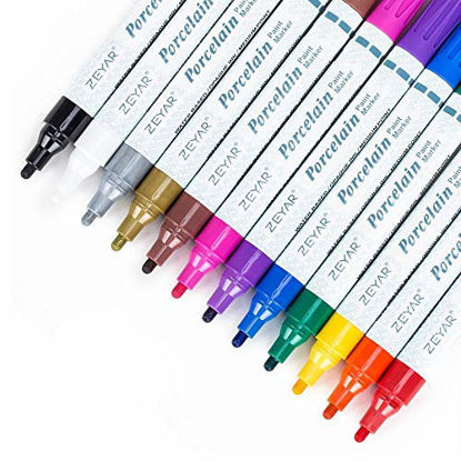 Picture of ZEYAR Acrylic Paint Pens for Porcelain use, Professional Ceramic painting, 12 colors Water-based, Medium Point, Water and Fade Resistant, DIY on Mugs and other Ceramics for Permanent Collection