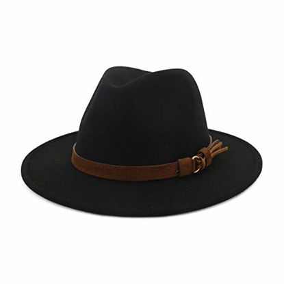 Picture of HUDANHUWEI Unisex Wide Brim Felt Fedora Hats Men Women Panama Trilby Hat with Band Black M (Head Circumference 22"-22.8")