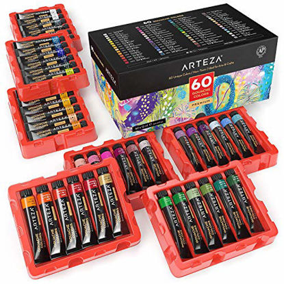 Picture of Arteza Gouache Paint, Set of 60 Colors/Tubes (12 ml/0.4 US fl oz) Opaque Paints, Art Supplies for Canvas Painting, Watercolor Paper, Toned Paper, or Using with Watercolors and Mixed Media