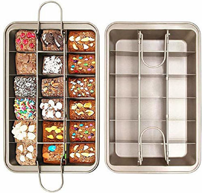 Picture of Brownie Pan with Dividers, Divided Non Stick Edge Brownie Pans with Grips Slice, Bakeware Cutter Tray Molds Square Cake Fudge Pan with Built-in Slicer lid for All Oven Baking, 12X8 Inch Champagne Gold