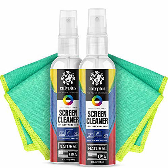 Picture of Calyptus Screen Cleaner Spray Kit | USA Made | Natural, Plant Based | Streak Free Phone, Laptop, Tablet, Computer Screen Cleaning | 8 Ounces + 2X 8x8 Electronics Cloths