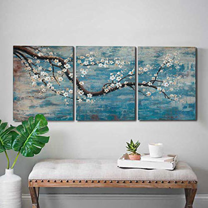 Picture of amatop 3 Piece Wall Art Hand-Painted Framed Flower Oil Painting On Canvas Gallery Wrapped Modern Floral Artwork for Living Room Bedroom Décor Teal Blue Lake Ready to Hang 12"x16"x3 Panel