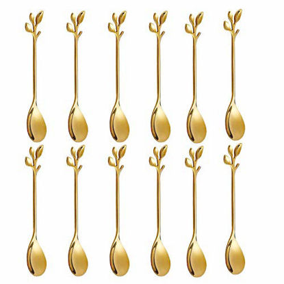Picture of Gold Leaf Coffee Spoon Soup Spoons Sugar Spoons, Ice-Cream Tea Stirring Spoons 4.8 Inches Retro Dessert Demitasse Espresso Spoons Cutlery Kitchen Tableware-Set of 12