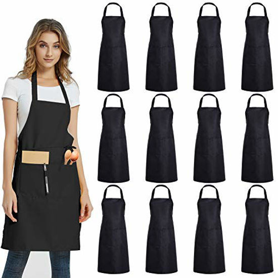 Picture of 12 Pack Plain Bib Aprons with 2 Pockets - Black Unisex Commercial Apron Bulk for Kitchen Cooking Restaurant BBQ Painting Crafting