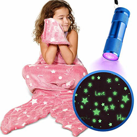 Picture of Mermaid Tail Blanket for Girls ,Glow in The Dark Throw Blanket ,Snuggle Fishtail,with Stars and Positive Words,Plush Fluffy Cozy Soft Fleece for Kids,Valentines Day Birthday Gift,Pink or Gray