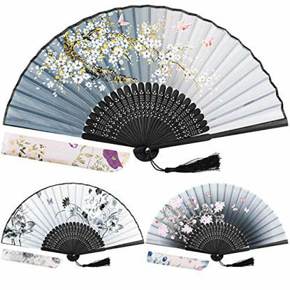 Picture of EAONE 3 Pcs Hand Folding Fan, Abanicos de Mano Chinese Vintage Style Handheld Fan with Fabric Sleeve, Silk Fan with Bamboo Frame and Elegant Tassel for Party Wedding Dancing Decoration