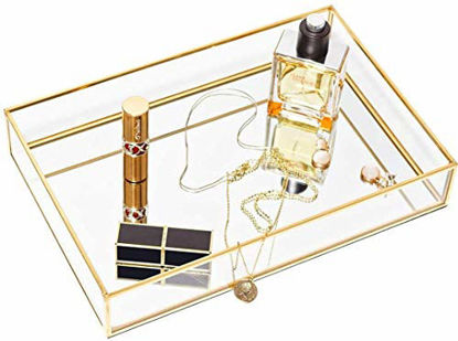 Picture of CHICHIC Gold Mirror Tray Jewelry Organizer Vanity Tray Jewelry Tray Perfume Tray Dresser Tray Decorative Tray, Glass Metal Makeup Tray for Bathroom Bedroom Cosmetics Storage, 11.8 x 7.9 Inch