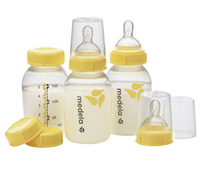 Picture of Medela Breast Milk Storage Bottles, 3 Pack of 5 Ounce Breastfeeding Bottles with Slow Flow Nipples, Lids, Wide Base Collars, and Travel Caps, Made Without BPA