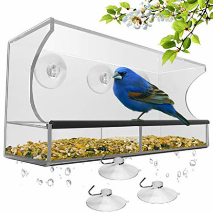 Picture of Window Bird Feeder with Strong Suction Cups and Seed Tray, Outdoor Birdfeeders for Wild Birds, Finch, Cardinal, and Bluebird. Large Outside Hanging Birdhouse Kits, Drain Holes, 3 Extra Suction Cups