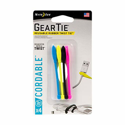 Picture of Nite Ize Gear Tie Cordable, The Original Reusable Rubber Twist Tie with Stretch-Loop For Cord Management + Storage, 3-Inch, Assorted Colors, 4 Pack, Made in the USA