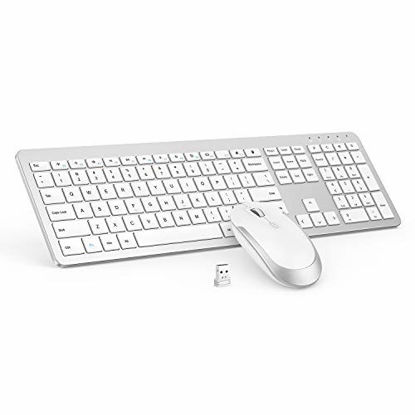Picture of Wireless Keyboard and Mouse Combo - Full Size Slim Thin Wireless Keyboard Mouse with Numeric Keypad with On/Off Switch on Both Keyboard and Mouse - White & Silver