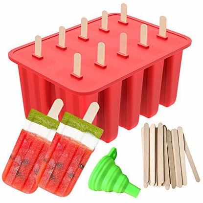 Picture of Popsicle Molds, Ouddy Ice Pop Molds Popsicle Maker Silicone 10-Cavity Homemade & A Silicone Funnel with 50 Pcs Wooden Sticks
