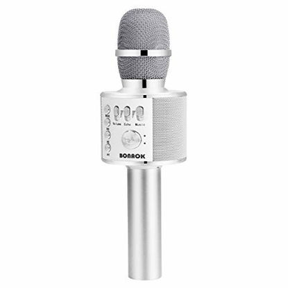 Picture of BONAOK Bluetooth Wireless Microphone,3-in-1 Portable Handheld Karaoke Mic Speaker Machine Birthday Home Party for Android/iPhone/PC or All Smartphone (Silver)