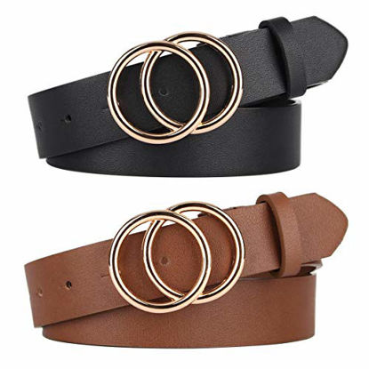Picture of Pack 2 Women Belts for Jeans with Fashion Double O-Ring Buckle and Faux Leather