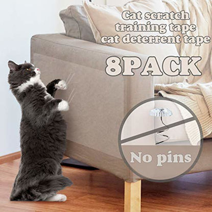 Picture of OIFIO Cat Couch Protector, Double Sided Clear Anti-Scratch Cat Deterrent Training Tape, 8 Pack larack Large Size and Pre Cut cat Furniture Protector for Your Home Protection, No pins,Residue Free.