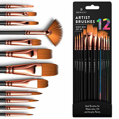 Picture of Professional Artist Paint Brush Set of 12 - Painting Brushes Kit for Kids, Adults Fabulous for Canvas, Watercolor & Fabric - for Beginners and Professionals - Great for Water, Oil or Acrylic Painting