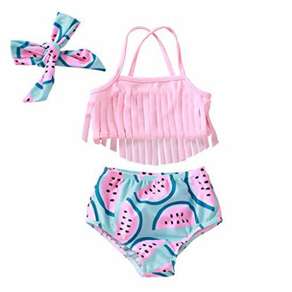 Picture of Infant Baby Girl Bikini Swimsuit Tassels Floral Pinapple Bowknot Swimwear Bathing Suit Summer Outfits Set (Pink Swimsuit, 12-18 Months)