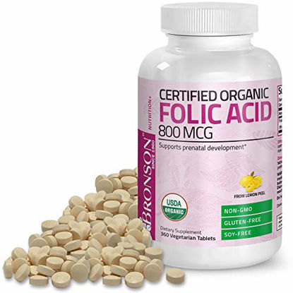 Picture of Bronson Organic Folic Acid (Vitamin B9 Folate) 800 mcg Natural Folate from Lemon Peel 360 Tablets