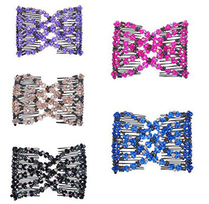 Picture of LOVEF 5pcs New Stretch Flower Bow Glass Bead Hair Head Comb Cuff Double Clip Good Gift