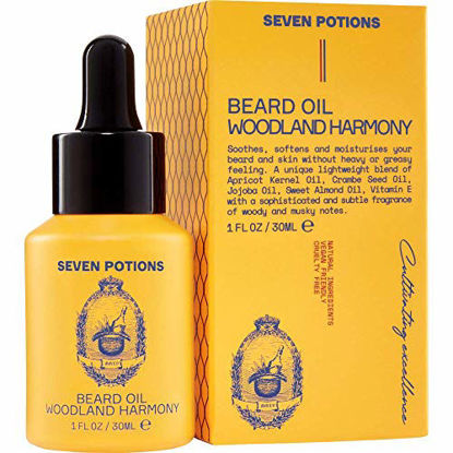 Picture of Beard Oil 1 fl oz by Seven Potions. Sweet and Woody Scented Beard Softener. Stops Beard Itch. Natural, Organic, Vegan, Beard Conditioning Oil. Contains Jojoba Oil (Woodland Harmony)