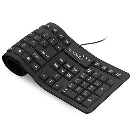 Picture of Sungwoo Foldable Silicone Keyboard USB Wired Standard Keyboard Waterproof Rollup Keyboard for PC Notebook Laptop, Full Size (Black)
